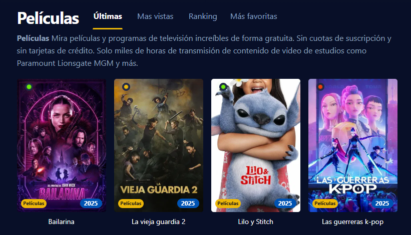 Imagen de la interfaz de Pepelisplus mostrando películas y series organizadas por categorías